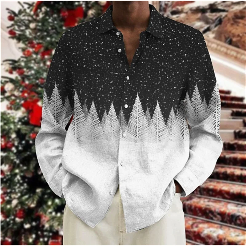 2024 3D Printed Christmas Tree Theme Men's Button Lapel Fashion Long Sleeve Shirt Holiday Party Tops New Year Couple Streetwear