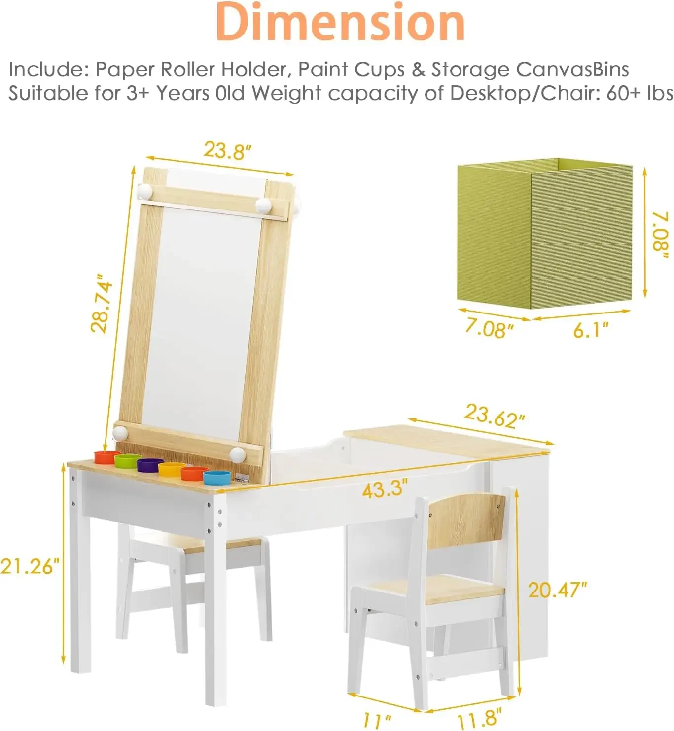 Kids Art Table and Easel Chair Set with Storage Bins & Paper Roll, Toddler Craft Play Wood Activity Desk for Art, Drawing, Readi