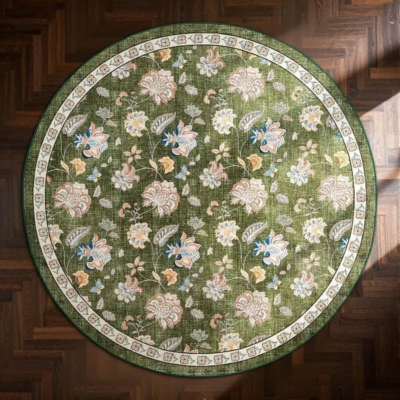 

Retro Floral Round Living Room Carpet Bohemian-Style Artistic Home Decor Bedroom Rug Foldable Machine-Washable Coffee Table Mats