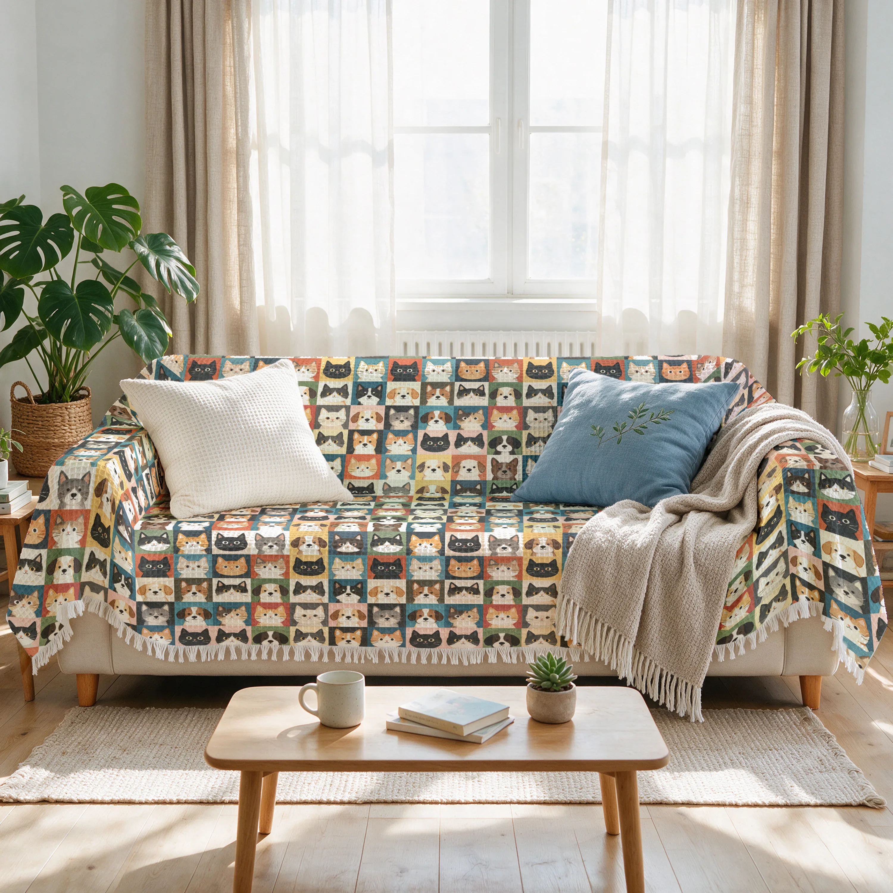 Cozy Cat Print Sofa Slipcover Dust Proof Couch Throw Blanket Cushion Seating Protector Washable Living Room Home Decor Pet Patte