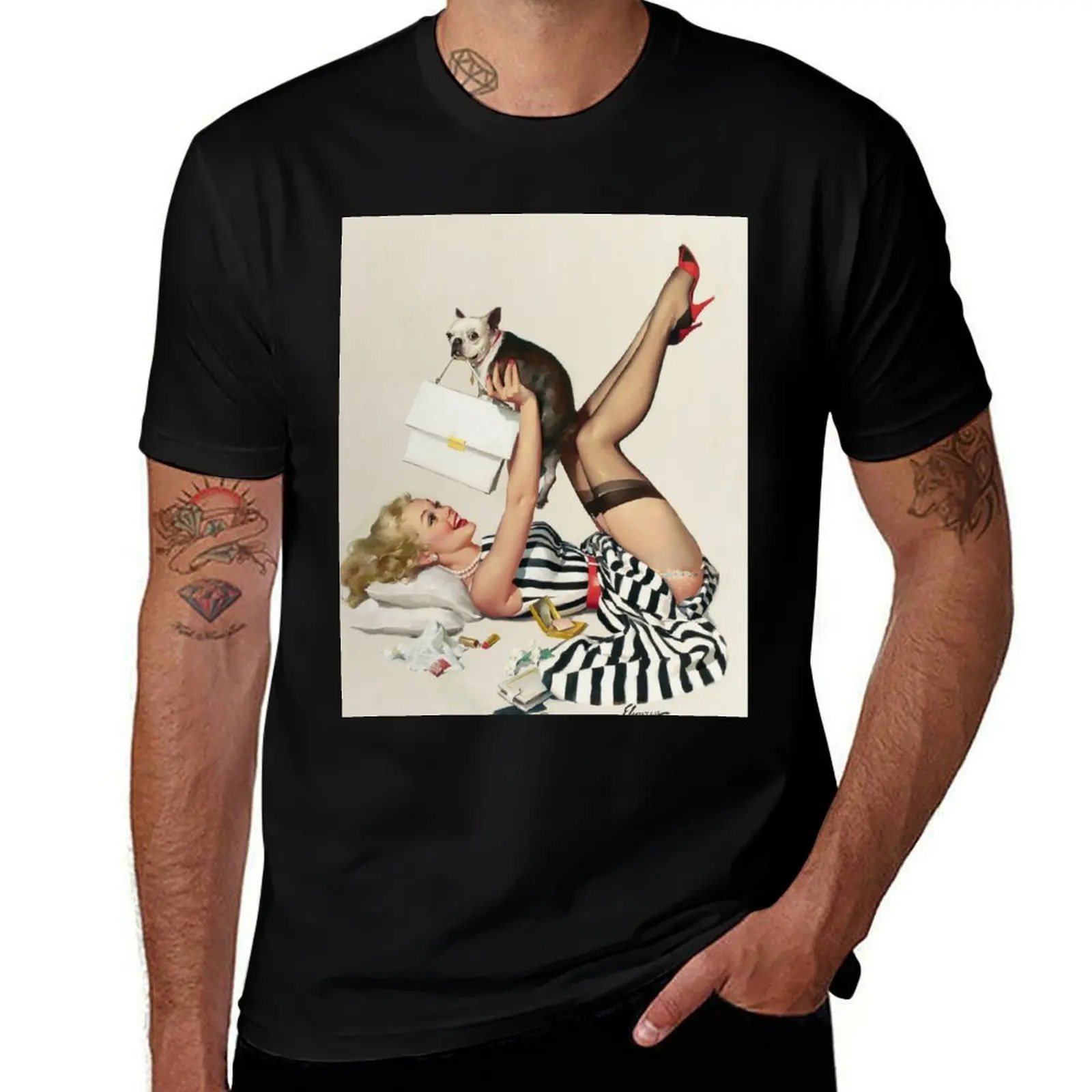 Vintage Naughty Puppy Love Gil Elvgren Pin Up Girl T-Shirt Simple Line Art Print Tee T-Shirt