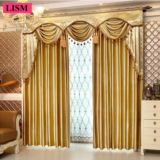 

European Gold Curtains for Living Room Bedroom Luxury Simple Solid Color Blackout Soft Cashmere Cloth Custom Valance Yarn Tulle