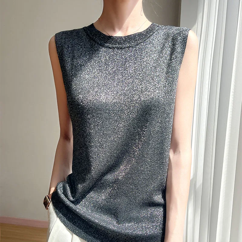 ฤดูร้อนคลาสสิกรอบคอเสื้อแขนกุดผู้หญิงถักผ้าไหมน้ําแข็งเสื้อกั๊ก Cool และ Breathable คุณภาพสูง Soft Tops