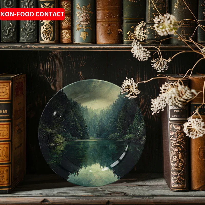 1pc Serene Forest Lake Ceramic Decorative Plate - Nordic Style Wall Art, Non-Food Contact, Ideal for Jewelry Display & Home