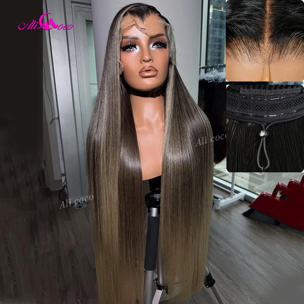 32 inches Straight Brown Ash Balayage 13x6 Lace Front Human Hair Glueless Wig New Upgrade 200 Density Drawstring Wig with Tape