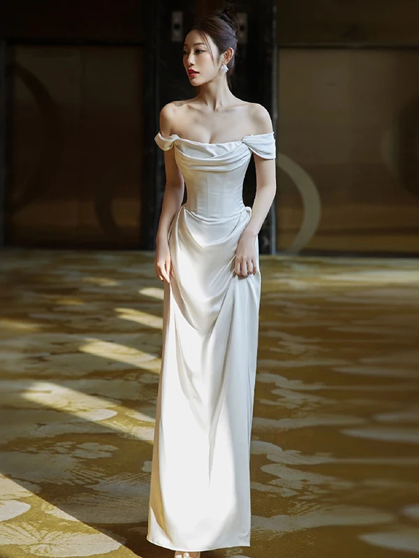 

Элегантная белая атласная свадебная юбка-русалка на одно плечо с завышенной талией, А-силуэт, длинная, из полиэстера