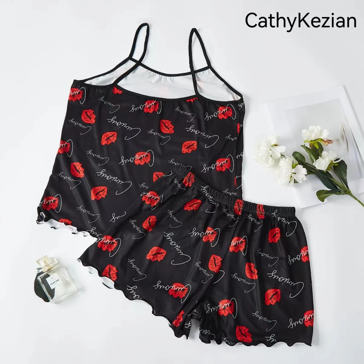 Women Pajamas Sleepwear Pajama Set Camisole Shorts Black S M L Red Lip Print Scoop Neck Ice Silk Comfortable Casual