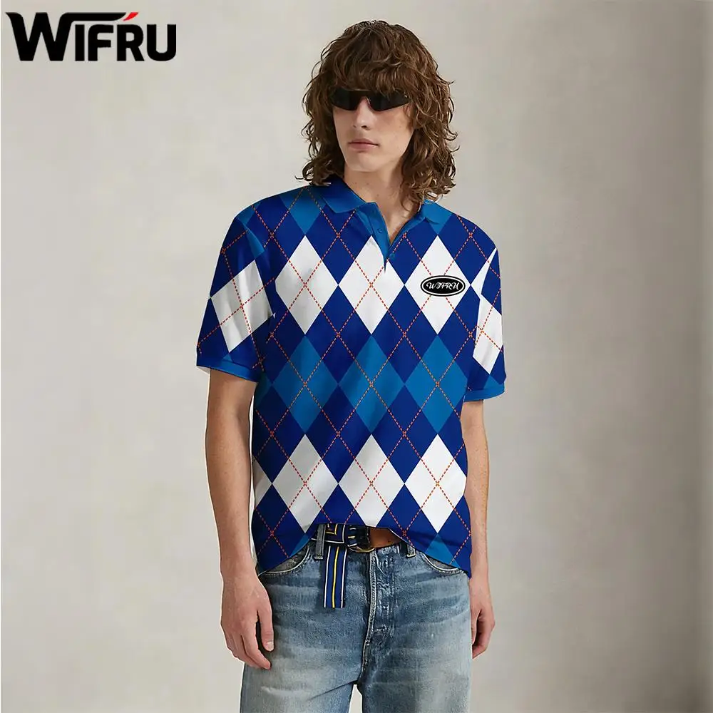 

Men's Argyle Print Polo Shirts Vintage Preppy Style Streetwear Casual Lapel Tops WIFRU Summer Fashion Breathable Golf T-Shirt