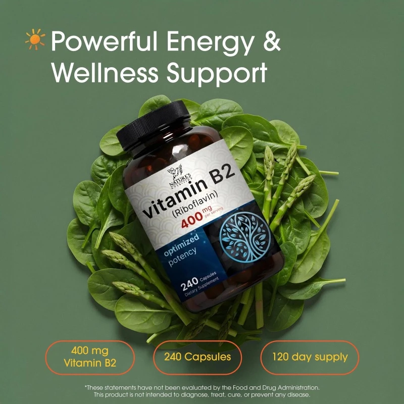 Vitamin B2 (Riboflavin) Capsules To Support Energy Helps Maintain Healthy Skin and Replenish B2 Levels