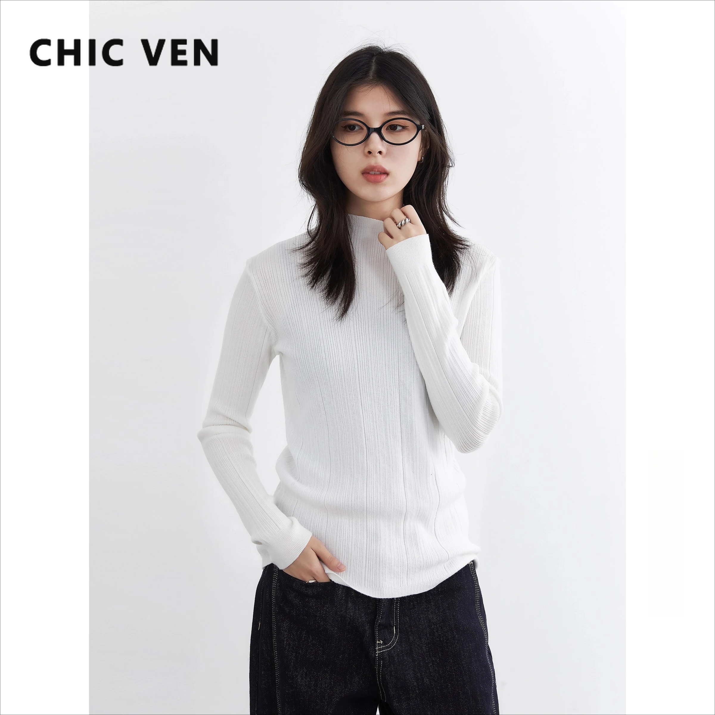 

CHIC VEN Women Long Sleeve T Shirt Pullovers Slim Half-turtleneck Pit Striped Knitted Sweater Undershirts Autumn Winter 2025