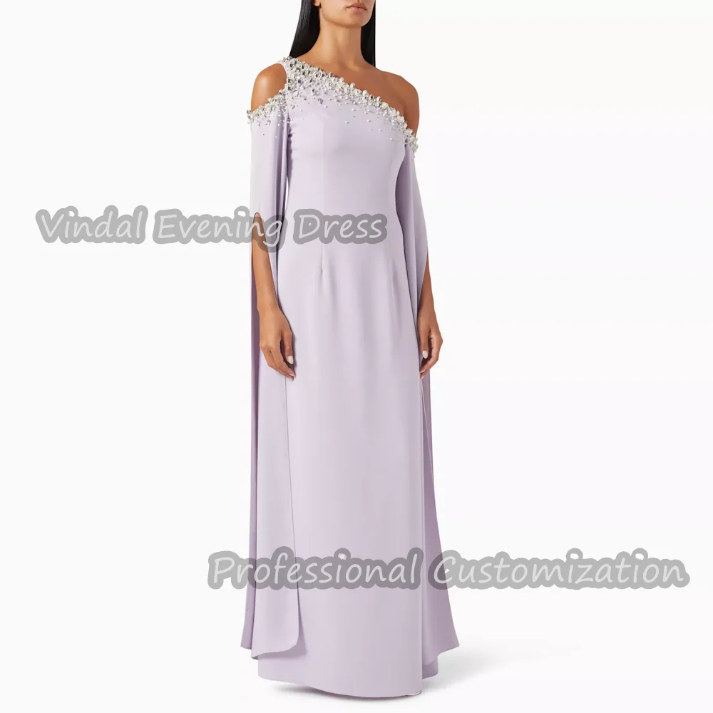 Vindal Prom One Shoulder Beaded Floor Length luxurious Built-in Bra Crepe Straight Elegant Short Sleeves Saudi For Woman 2024