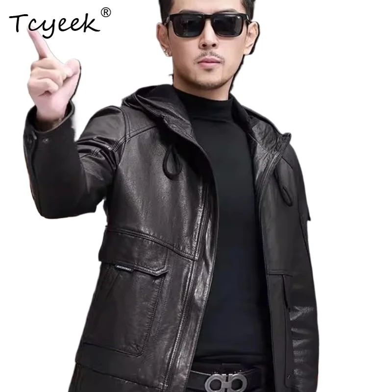 

Tcyeek Real Cowskin Autumn Winter Detachable Duck Down Liner Hooded Black Men's Genuine Leather Jacket Куртка Кожаная Мужская