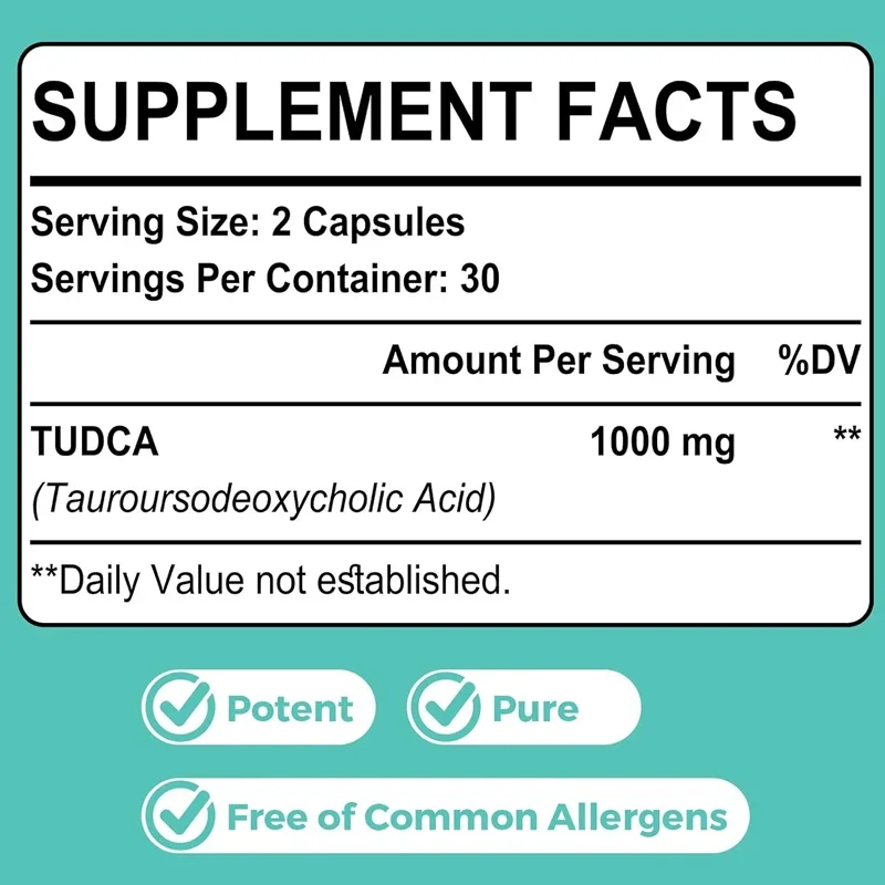 TUDCA Bile Salt Supplement 1000mg 60 vegetarian capsules,liver support supplement for detoxification and cleansing, gelatin free