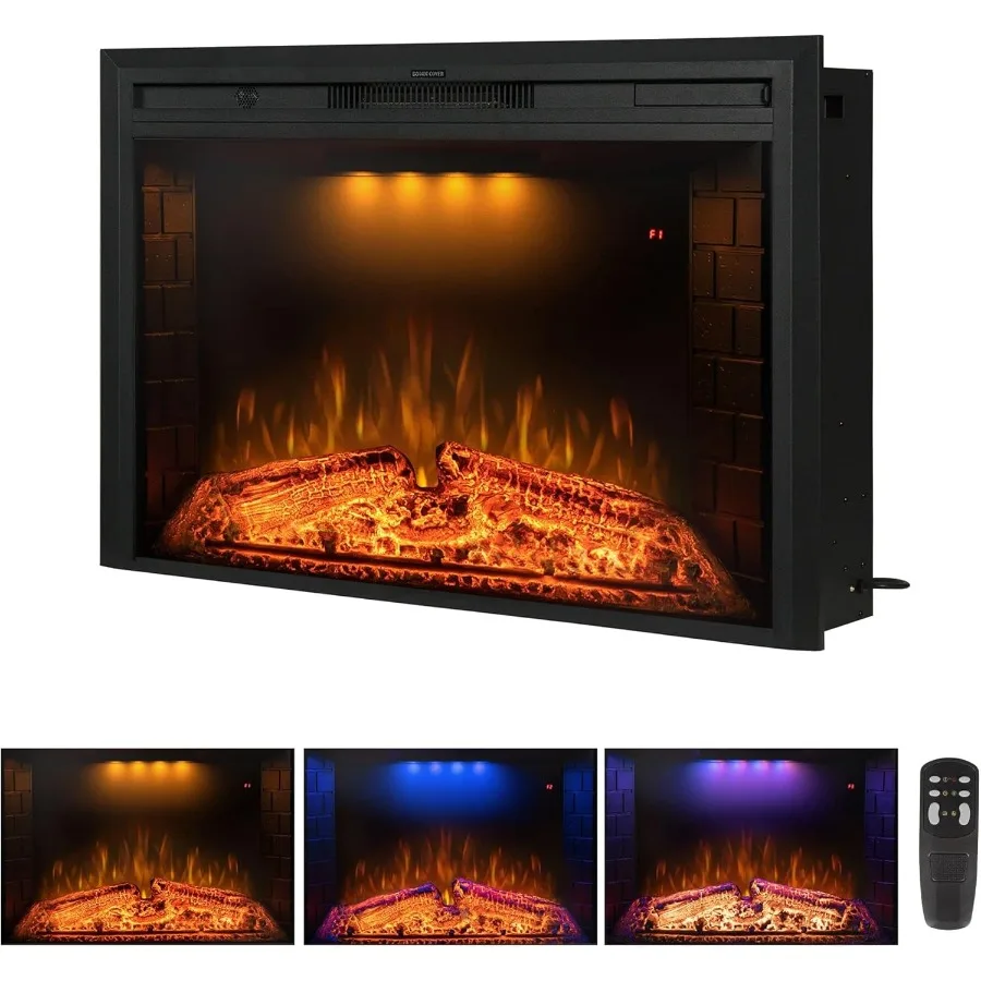 

36-дюймовые электрические каминные вставки для установки встраиваемой или встроенной стене с реалистичным звуком потрескивания огня, регулируемым верхом Li