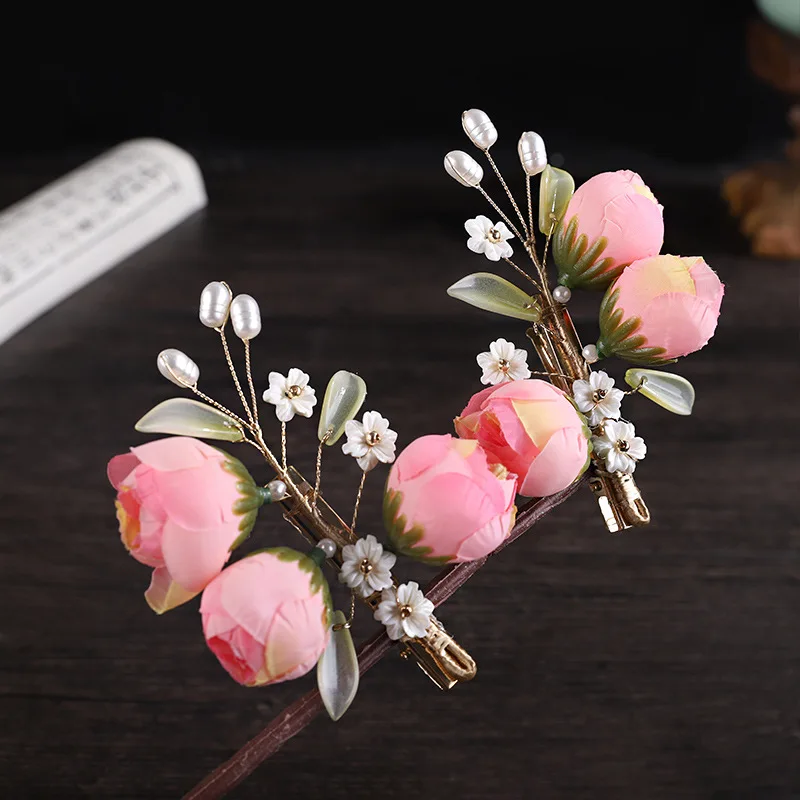 Lucky Bracelet Hand String Light Pink Foreign Peony Multi-Layer Handmade Artificial Flower Hairpin Duckbill Clip Chinese Wealth