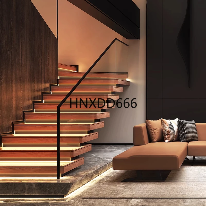 

Villa loft light luxury glass staircase stacked steel and wood