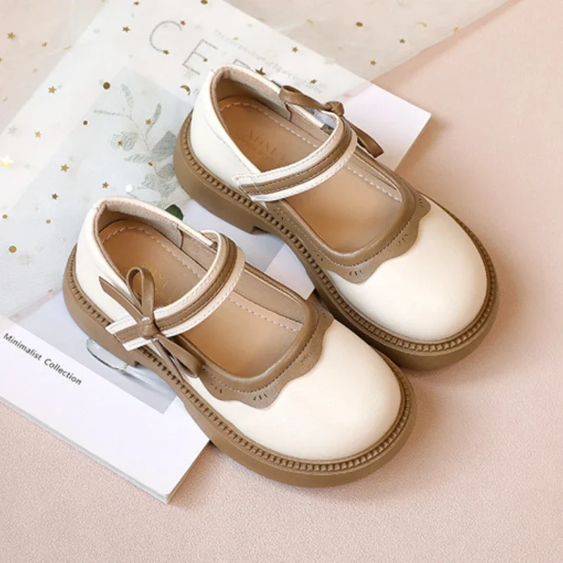 Spring Autumn Girls Princess Leather Shoes Sweet Bowtie Patchwork Kids Causal Mary Jane Shoes Fashion Children\'s Flats Hook Loop