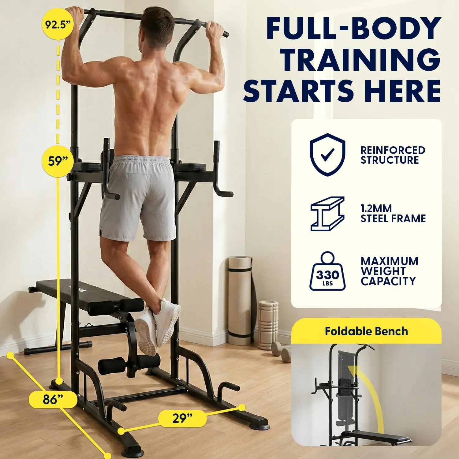 All-in-One Power Tower Pull-Up Dip Station with Chin-Up Bar Stand and Collapsible Bench for Home Gym Workouts and Bench Press