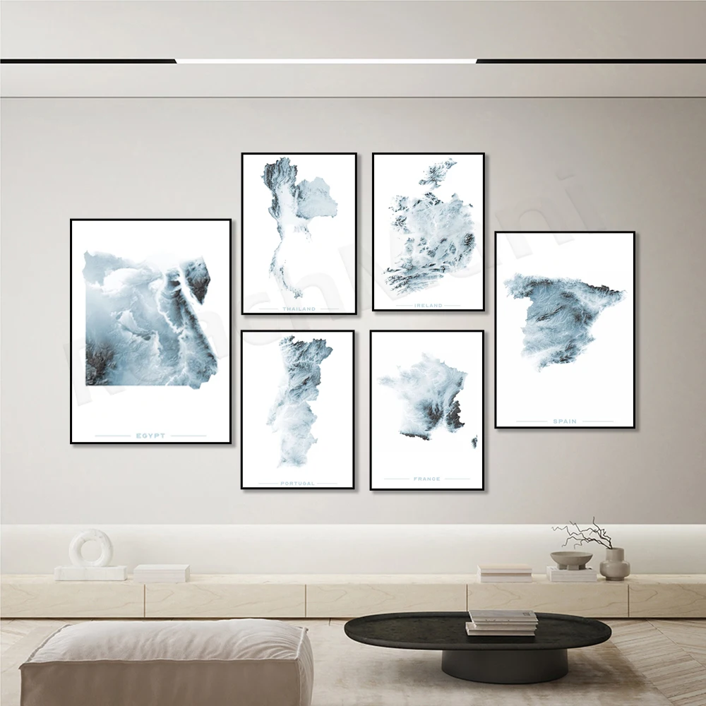 

Japan, Ireland, Egypt, UK, Thailand, Portugal, New Zealand, France, Iceland, Corsica, Spain relief blue effect map poster