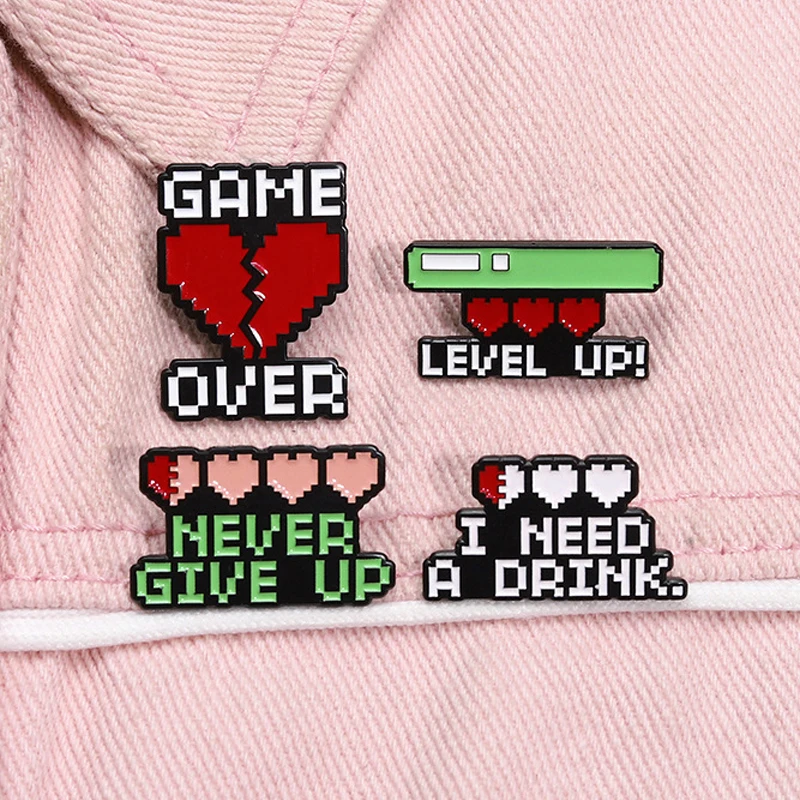 Pixel Video Game Heart Enamel Pin Game Over Never Give Up Level Up I Need a Drink Brooches Lapel Badge Jewelry Gifts For Friends