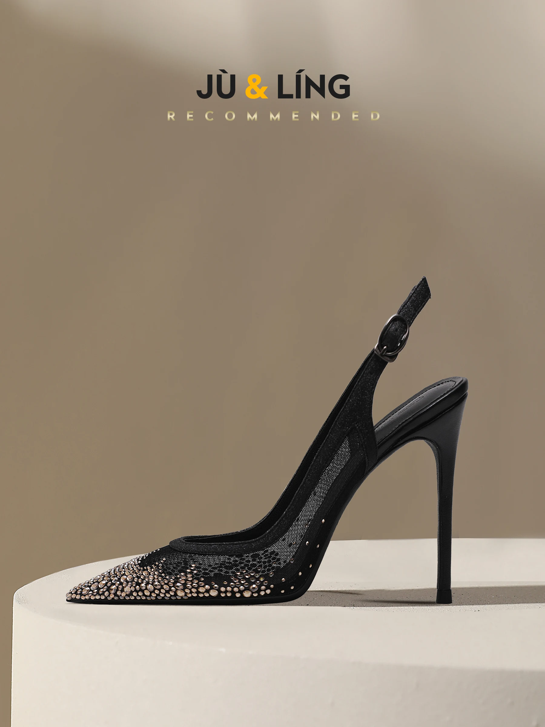 New Summer Black Mesh Rhinestone High Heels for Women, Slim Heels, Shallow Toe, Sexy Sandals with A Single Buckle Strap image 6
