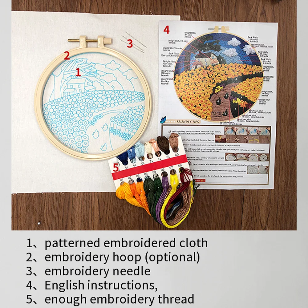 Beginner Diy Embroidery Kit Scenery Pattern Embroidery Kits With Hoop Handwork Handcraft Needlework Sewing Hand Cross Stitch Set