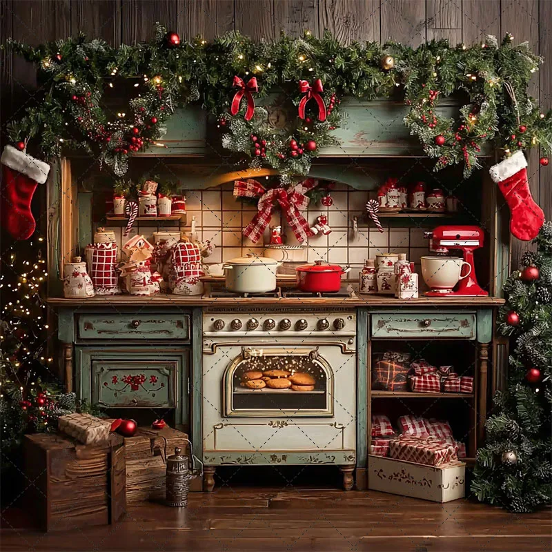 Mehofond عيد الميلاد خمر المطبخ التصوير خلفية الأسرة مهرجان حفلة خشبية العتيقة خزانة الخبز الكوكيز ديكور الخلفية