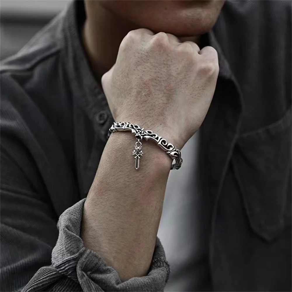 Retro Metal Bracelet Resizable Trendy Silvery Punk Rock Hip Hop Pendant Bangle For Women&Men Classical Charm Jewelry 2024