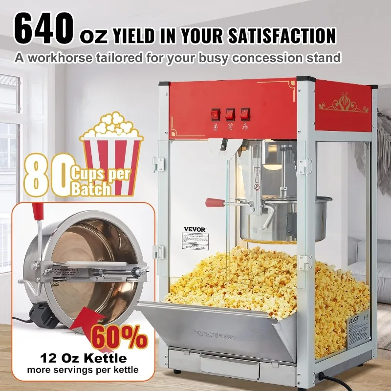 Commercial Popcorn Machine,12 Oz Kettle,1440 W for 80 Cups per Batch,with 3-Switch Control Steel Frame Tempered Glass Doors, Red