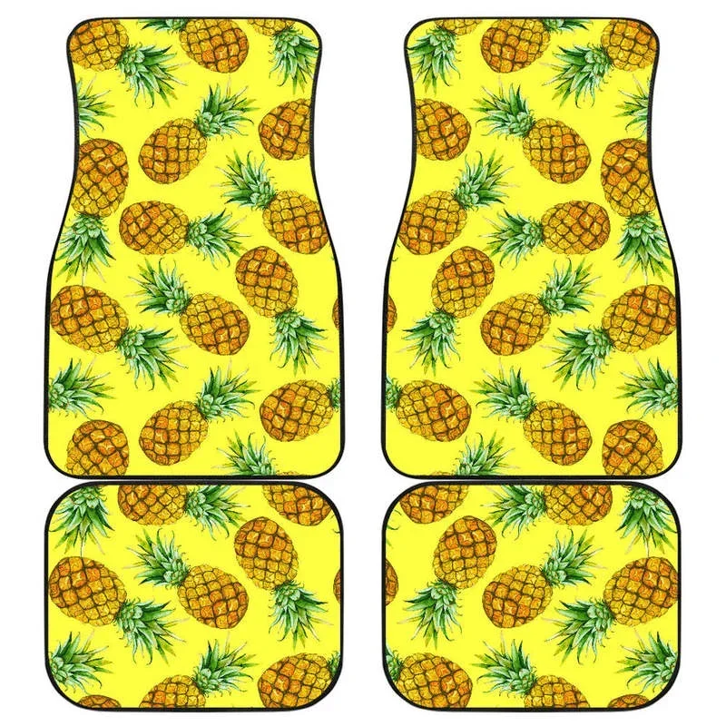 Pastel Yellow Pineapple Pattern Print Front and Back Car Floor Mats Heavy Carpet Front and Rear Full Set 4PCs Pack