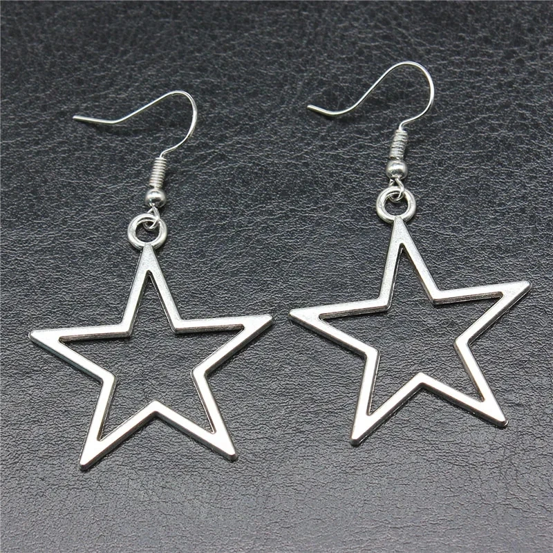 

Fashion Handmade Simple Design Antique Silver Color Hollow Star Pendant Earrings Women Girls Gifts Party Vintage Drop Earrings