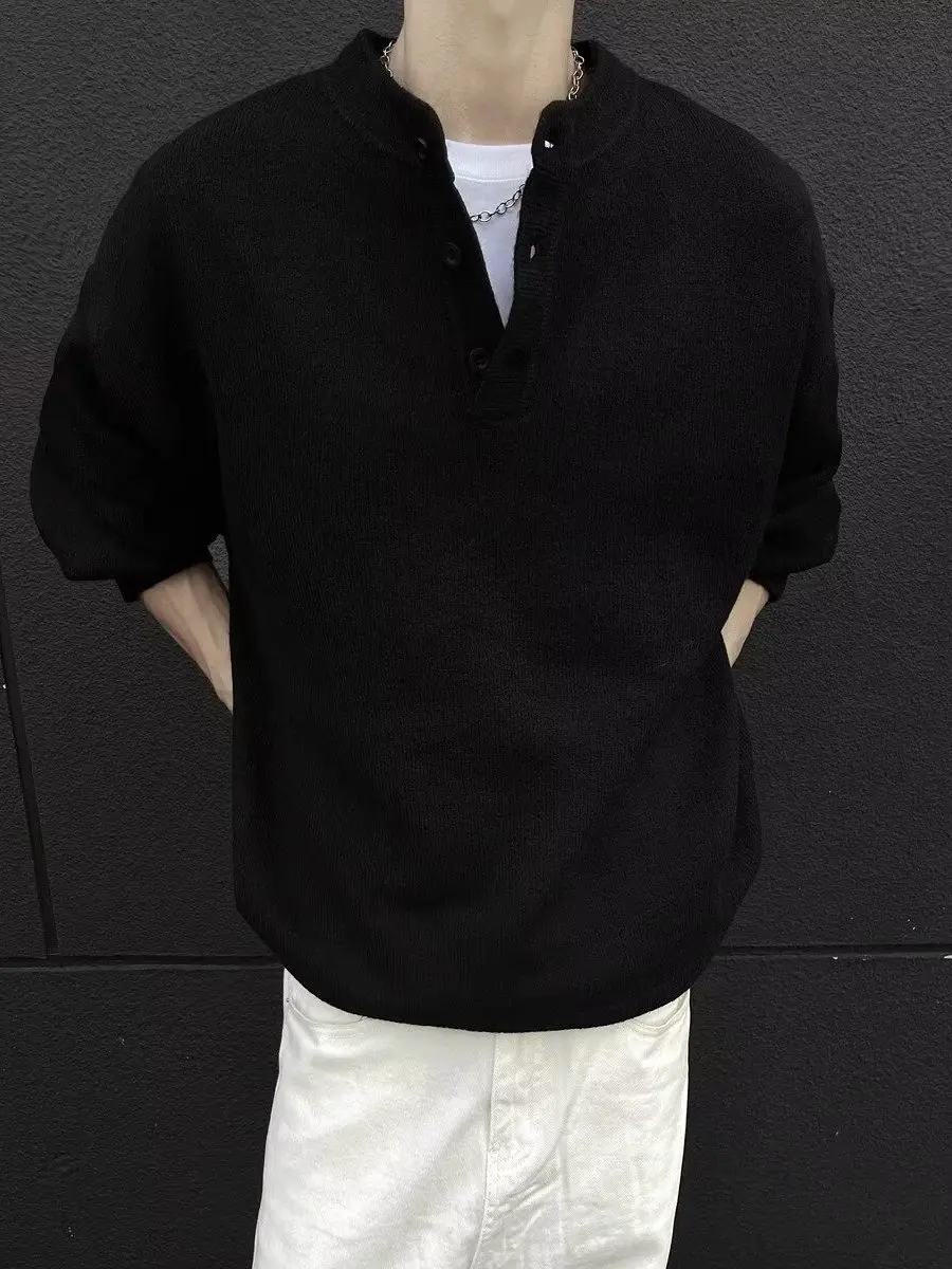 American Style Cleanfit Henry Collar Long Sleeve Knitwear for Men Winter Base Layer Shirt Handsome And Cool Inner Wear