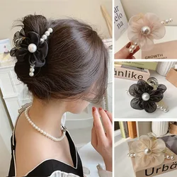 new Pearl Flower Hair Claw Crystal Non-slip Big Catch Clip Female Elegant Hair Clip Shark Clip Hair Accessory Hairpin Headwear