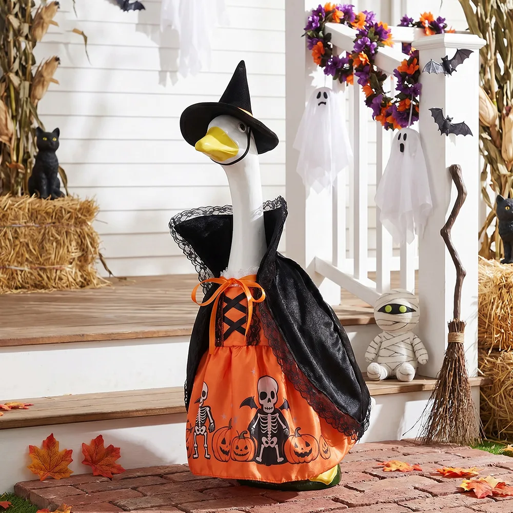 New Halloween Witch Goose Clothes 23 Inch Orange and Black Striped Cape with Witch Hat for Yard Ornament（Excluding Geese）