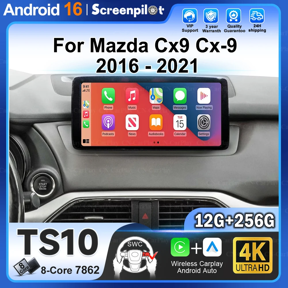 Car Radio Carplay Android 16 For Mazda Cx9 Cx-9 2016 2017 2018 2019 2020 2021 12.3 Inch Auto Radio Touch Screen 5G Wifi 8Core