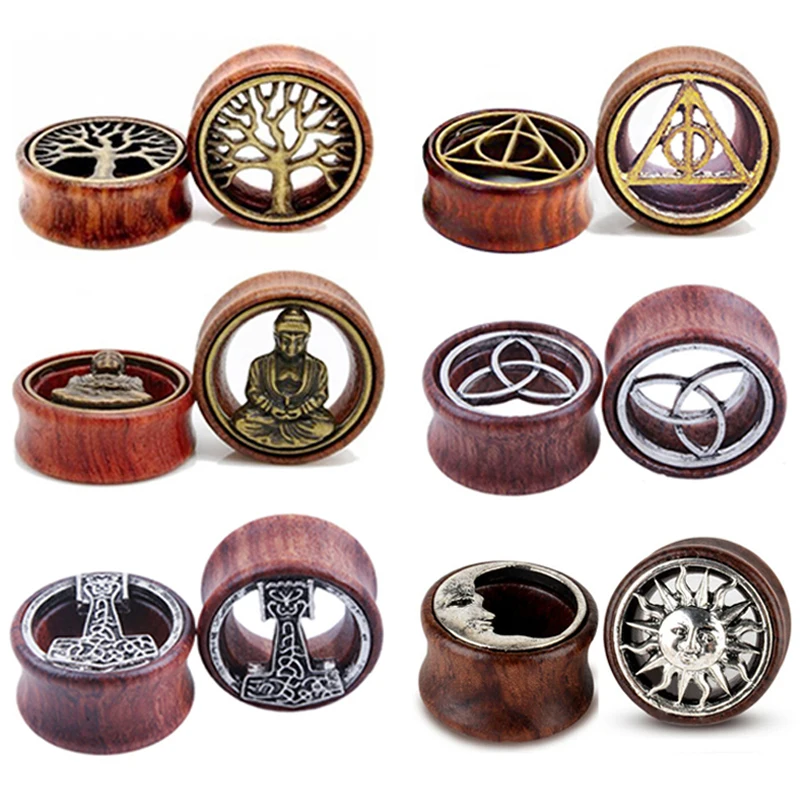 1 para drewniane zatyczki do uszu wskaźniki kolczyki posąg buddy kobiety mężczyźni Flesh tunel Expander Piercing nosze Piercing biżuteria