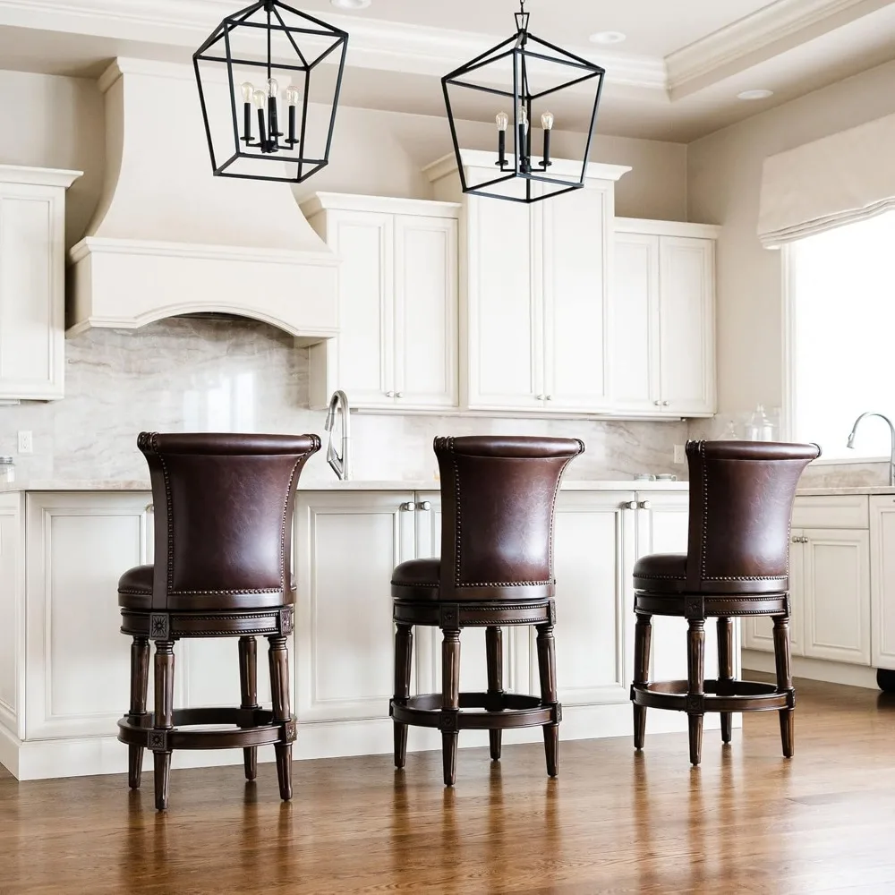 

Café Chairs, Counter Height Upholstered with Back in Dark Walnut Finish with Vintage Brown Vegan Leather Seat, Café Chairs