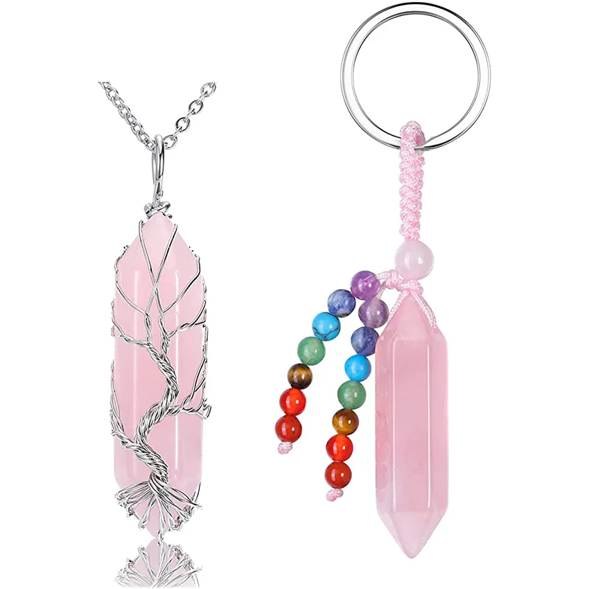 2Items Rose Quartz Tree of Life Wire Wrapped Double Pointed Hexagonal Necklace + 7 Chakra Beads Hexagonal Pendant Tassel Keyring