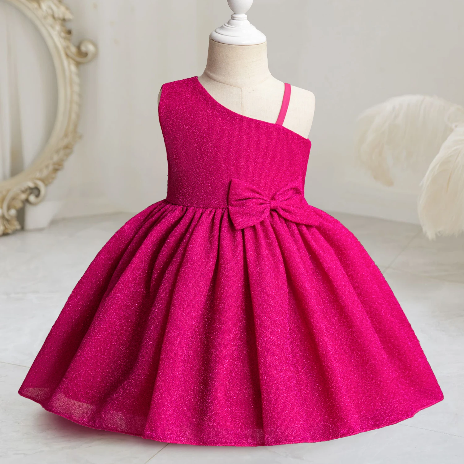 3-8 Years Kids Girls Princess Dress Children\'s Birthday Wedding Chrisrmas Dress One Shoulder Elegant Velvet Sequin Evening Dress