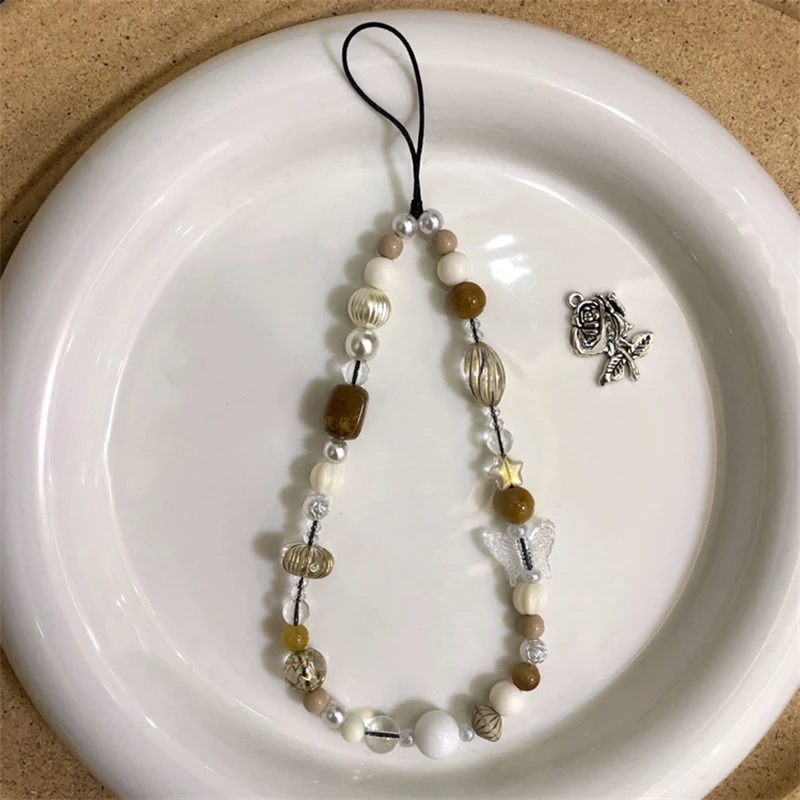 Korea Cute Butterfly Beaded Phone Chain Charm Lanyard For iPhone Samsung Universal Accessories Anti-Loss Lanyard Jewelry Pendant