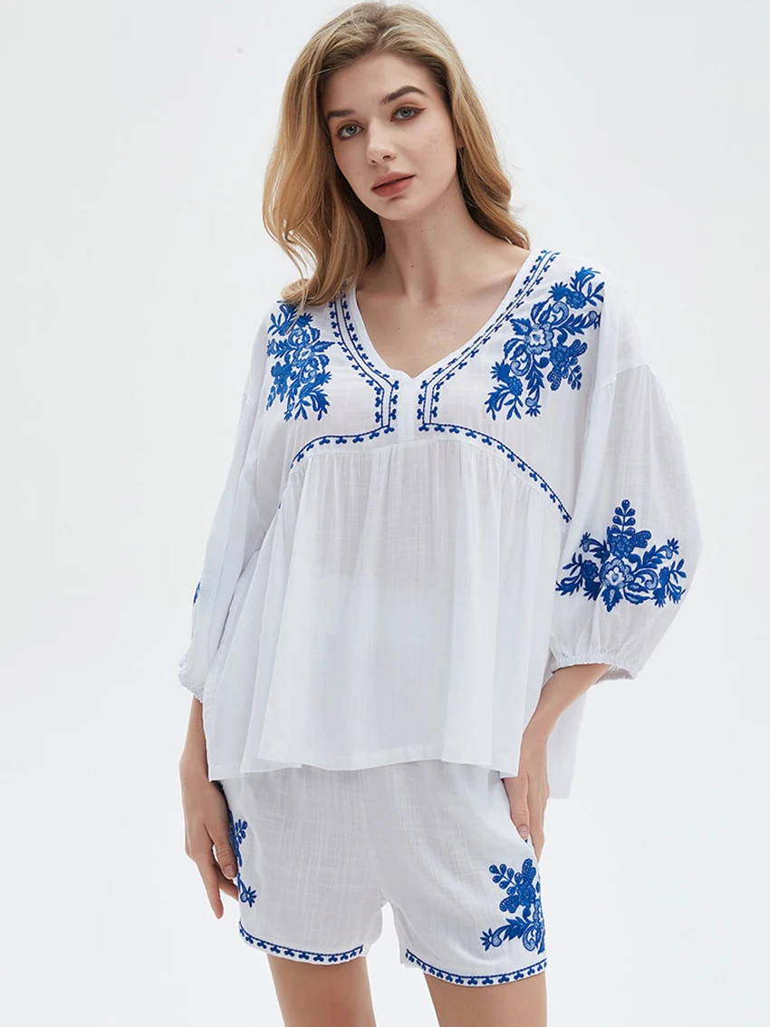 Parc Fee Fashion Loose Print Women's Two Pieces Set 2025 Casual Three-Quarters Sleeve Shirt With High Waist Shorts Set Female