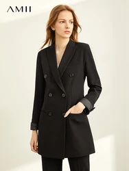 AMII Minimalist Suit Collar Double-breasted Blazer 2024 Winter New Classic Black Slimming Medium Long Professional Wear 12423107