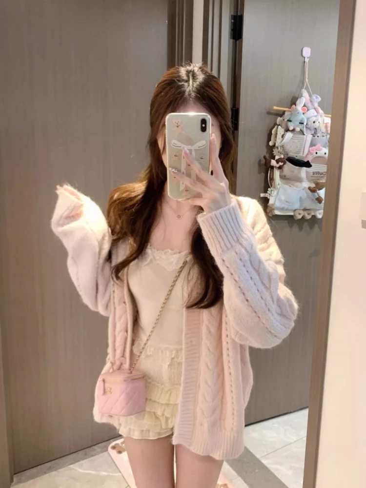 Suéter con cuello en V para mujer, abrigo rosa Kawaii, cárdigan de punto holgado informal a la moda para otoño e invierno, Top elegante Y2k