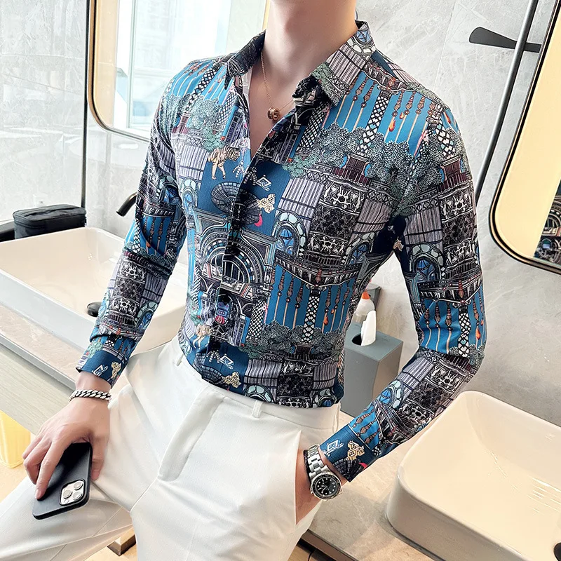 Luxury Retro Printed Shirt for Men Long Sleeve Casual Business Formal Dress Shirts Social Party Banquet Nightclub Men Clothing