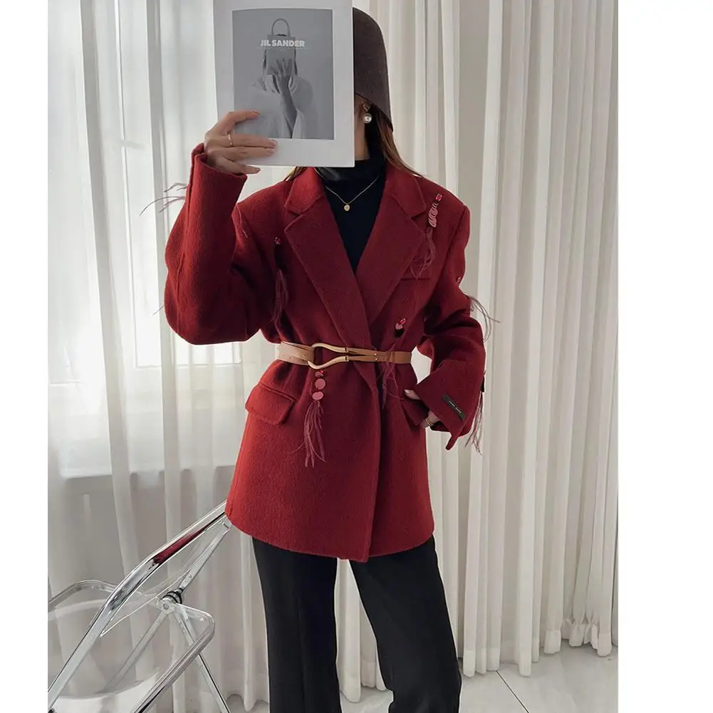  ort Double-Faced Woolen Camere Coat for Women with iny Feather Design Autumn Winter Thiened Suit Jaet