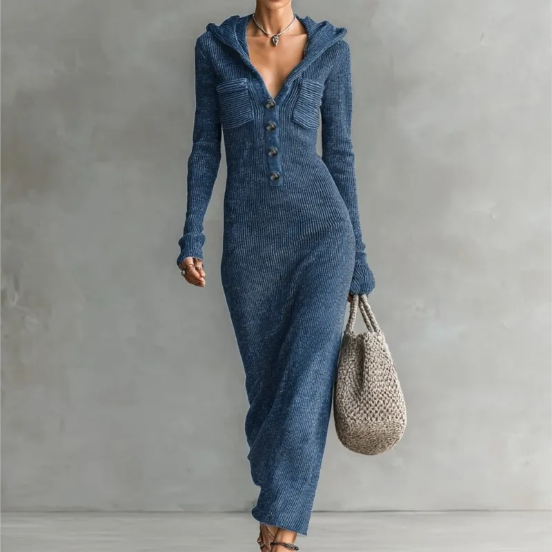 2026 Neues Herbst-Damenkleid mit Kapuze, V-Ausschnitt, schmal geschnitten, einfarbig, modisch, bequem, temperamentvoll, einzigartig, vielseitig, Nischen-Vestidos