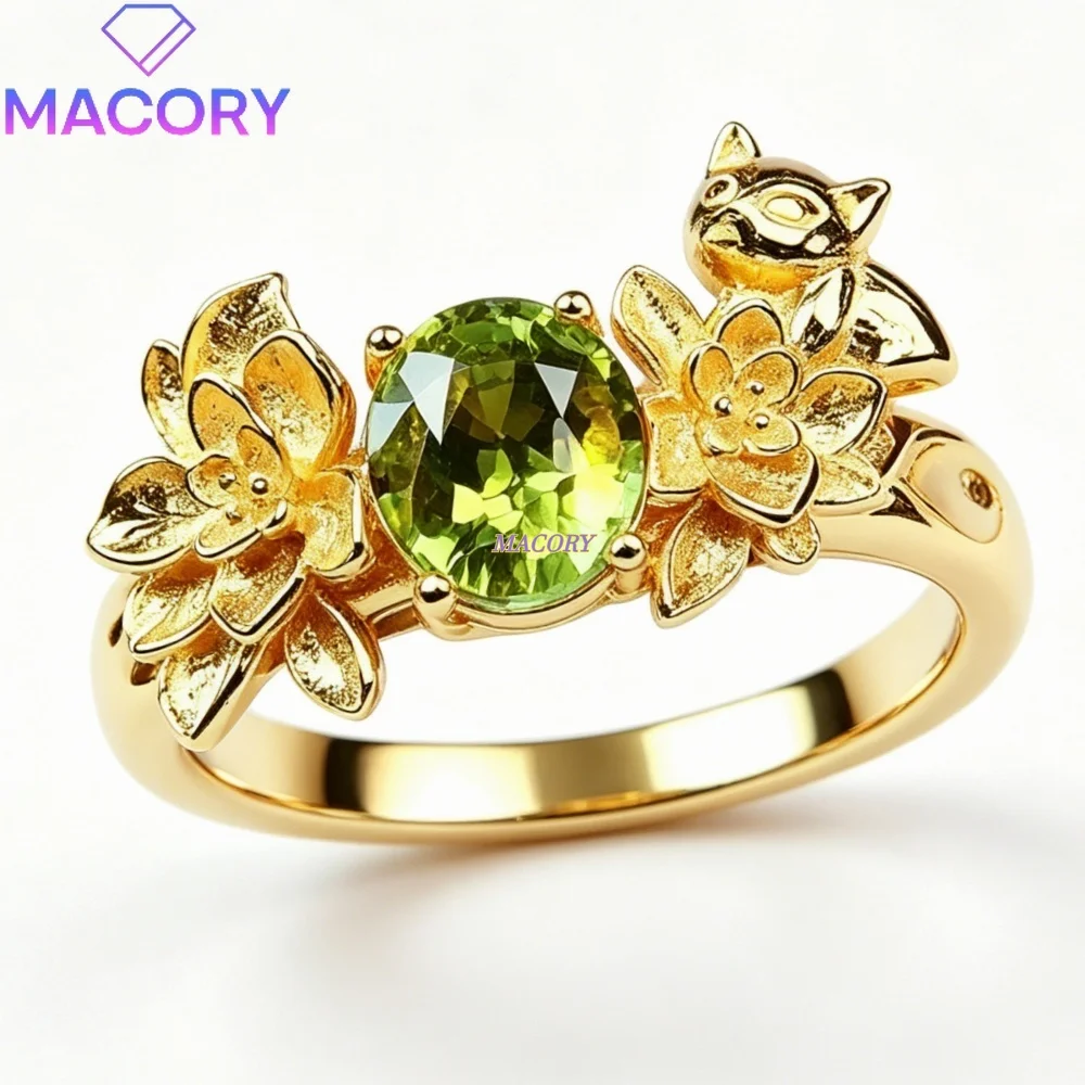 S925 sterling silver natural tourmaline ring with a uniquely designed delicate flower shape and a natural style Birthday gift