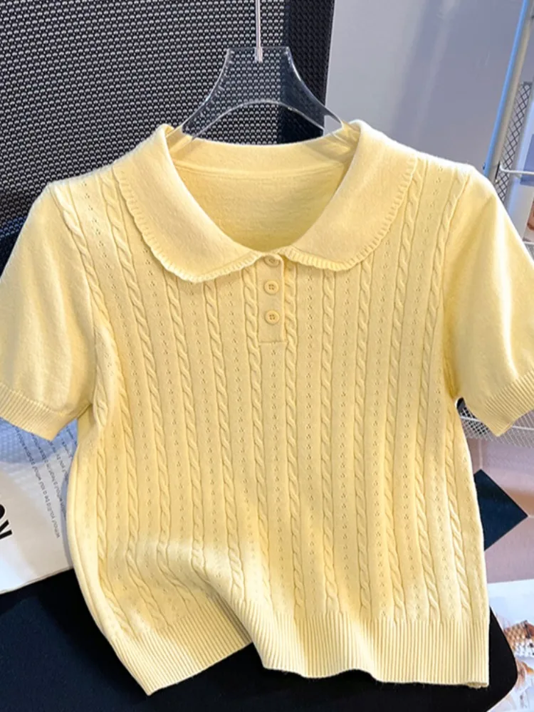 

Корейская вязаная футболка с узором косы, женская, укороченная, приталенная, летний топ для повседневной носки, модная