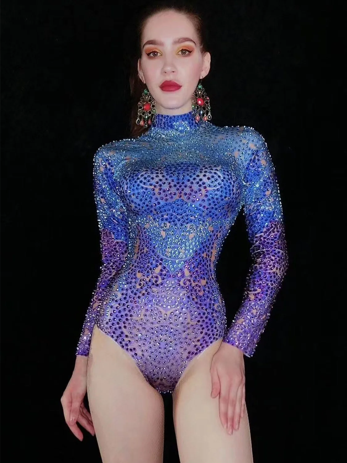 

Sexy Purple Blue Shining Sparkle Crystal Rhinestone Sequins Bodysuits Women High Neck Pole Dance Stage Costume Party Clothing