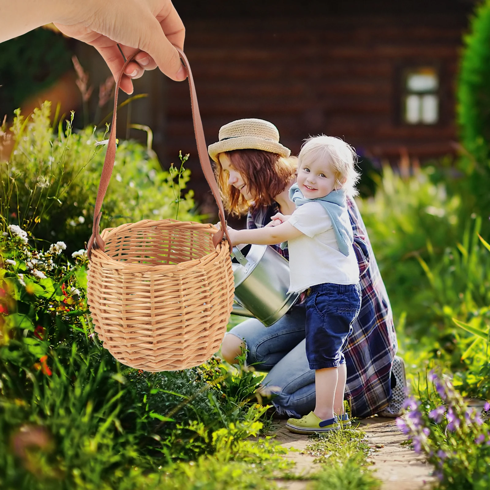 

Rattan Woven Basket Small Picnic Handheld Storage Home Decorative Flower Basket Handle Natural Color Photo Prop Compact